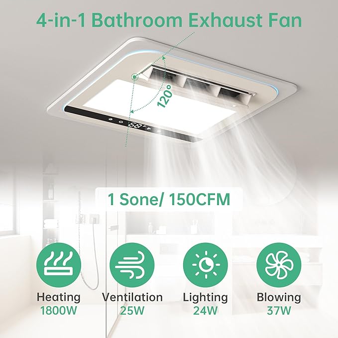4-in-1 Bathroom Exhaust Fan with 1800W Heater, CCT LED Light & Remote Control, 150 CFM Quiet Ceiling Fan for Heating, Lighting, Ventilation & Blowing - Image 2