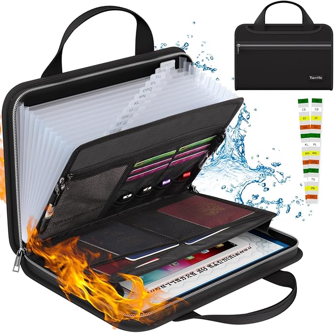 Tamfile Fireproof Accordion File Organizer with Handle, 13 Pocket Transparent Expanding File Folder with Zipper & Labels, File Folder with Multi-Pockets Paper Organizer Folder for Letter A4 Files by Tamfile