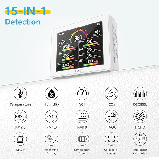 15-in-1 Smart Air Quality Monitor Indoor - AI-Powered Home Air Tester for CO2, PM2.5, TVOC, HCHO, Noise, Temp & Humidity, 6-Level AQI with 3-Color Alerts, Portable & Rechargeable - White - Image 2