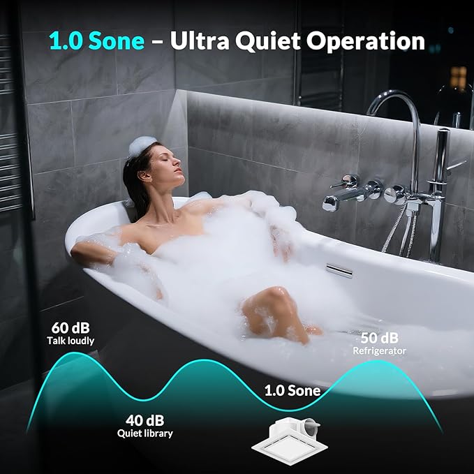 TEPU Bathroom Exhaust Fan with Light 110 CFM, 9.8In Grille, Cutout Size 8.27" x 8.27", Duct 4 Inch, 1.0 Sone Quiet Bath Ceiling Vent Fan Combo with 6500K 1200LM LED Light, for Bathroom, Laundry - Image 3