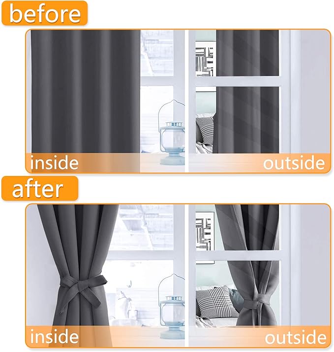 Hiasan Blackout Curtains for Bedroom - Thermal Insulated & Light Blocking Window Curtains for Living Room, 2 Drape Panels Sewn with Tiebacks, Dark Grey, 42 x 54 Inch - Image 5