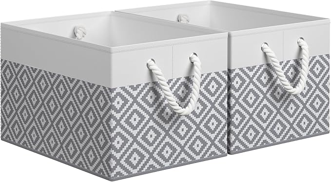 Storage Bins, 2-Pack Large Storage Box with Rope Handles, Collapsible Storage Basket for Organizing Books, Clothes, Rhombic Grey by StorageTastic