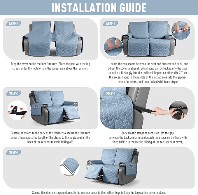 TAOCOCO 100% Waterproof Recliner Cover, Non-Slip Washable Reclining Couch Cover with Elastic Leg Straps, Furniture Protector for Dogs (Sky Blue, 2 Seater) - Image 7
