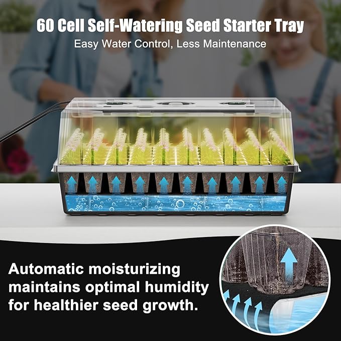 60 Cell Self-Watering Seed Starter Tray with Grow Light and Heat Mat,Seed Starter Kit,Humidity Domes,Auto Timer,Flexible Brightness Seedling Starter Trays for Seed Starting & Seeds Growing - Image 2