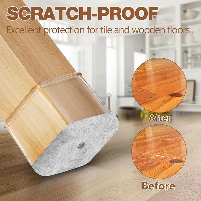 16Pcs Square Chair Leg Floor Protectors with Thickened Felt Pads Silicone Chair Leg Covers Caps to Protect Hardwood Tile Floors Furniture Feet Reduce Noise (Clear XL Fit 1.46"-1.77") - Image 5