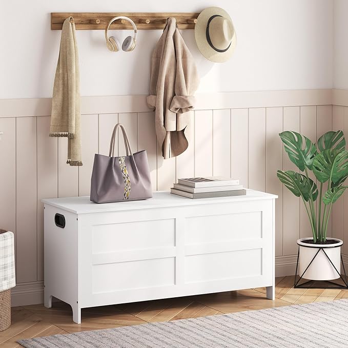 Storage Chest, 39.4” Large Toy Chest, Entryway Storage Trunk, Storage Bench with Safety Hinge, Entrance Bench for Living Room, Entrance, Bedroom, White SCWT48301 - Image 4