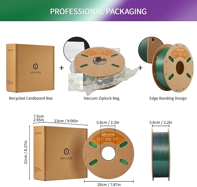 ERYONE Silk Dual Color PLA Filament 3D Printer 1.75mm +/- 0.03mm, Bicolor Filament Two Tone PLA 1KG(2.2lbs) Cardboard Spool, Purple Green - Image 6