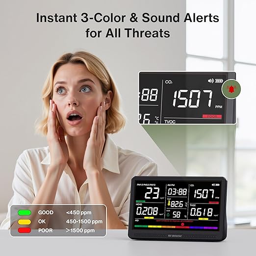 bonoch 16 in 1 Air Quality Monitor Indoor 7" Display 9 AQI+7 AQI Alerts, CO2 Monitor Air Quality Tester for CO2, TVOC, PM2.5 PM1.0 PM10, HCHO Temperature Humidity AQI & Time Air Quality Meter for Home - Image 4