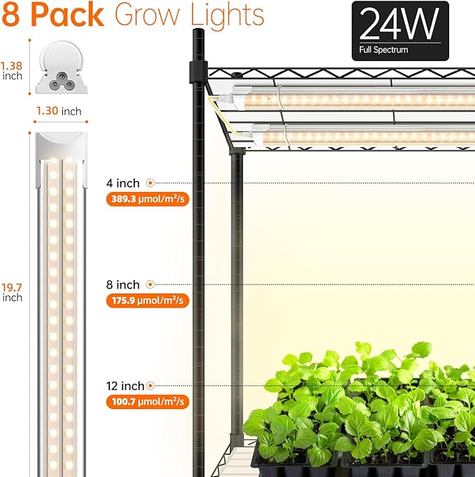 Bstrip DIY Plant Shelf with Grow Light, Grow Light Shelf with Adjustable Rack and Wheels, Plant Stand, 8-Pack 192W T8 Full Spectrum Lamps, ideal for Seed Starting, Seed Tray, 29.5"L x 13.8"W x70.9"H - Image 6