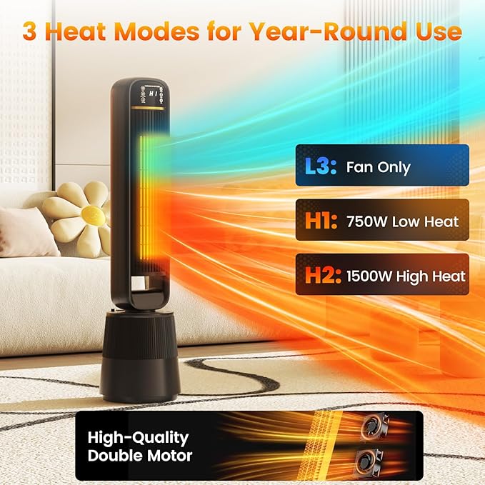 Auertech 35.5" Space Heater with Humidifier, 2 in 1 Electric Space Heater with 1.75L Water Tank, Oscillating Room Heaters with Dual-Fan & Thermostat, Space Heaters for Indoor Use Large Room, Bedroom - Image 5