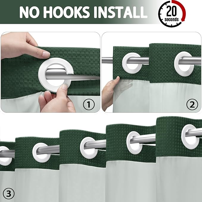 No Hook Shower Curtain and Liner Set,Dark Green Hotel Waffle Shower Curtain with Liner 75" L x 72" W - Image 2