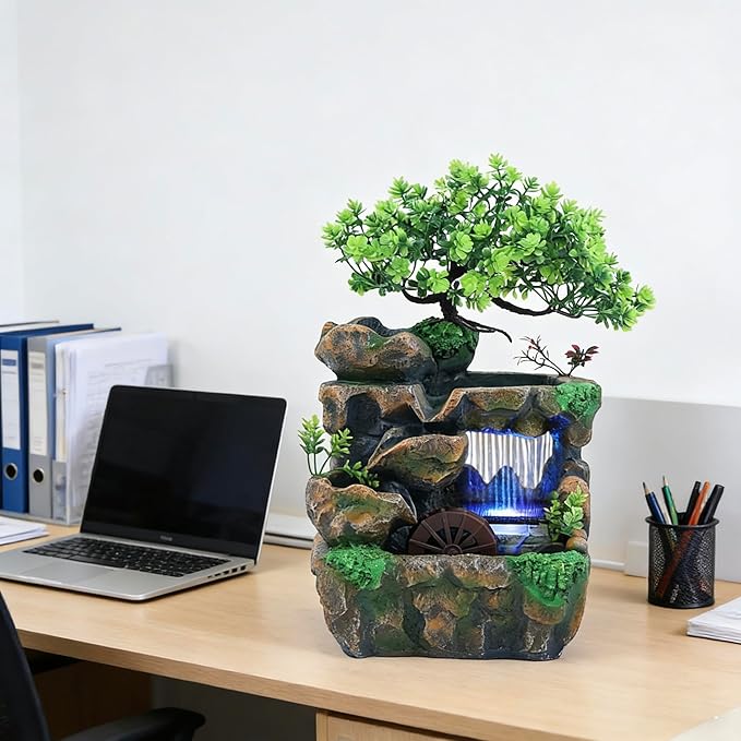 11.81" Tabletop Rockery Fountain Indoor Waterfall Bonsai Desktop Mini Rockery Water Fountain with Automatic Pump and LED Light, Home Office Bedroom Humidifier Desk Decorate - Image 7