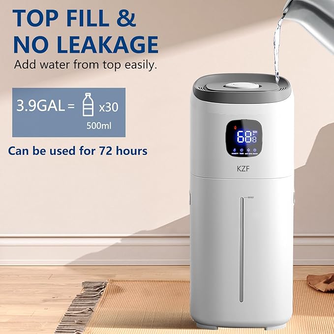KZF 15L Humidifiers for Bedroom Large Room - 2000 Sq.ft Coverage, 72Hrs Runtime, Top Fill, 26dB Quiet, 3 Mist Levels & Diffuser, Auto Shut-Off, Ready for Baby Nursery and Plants - Image 4