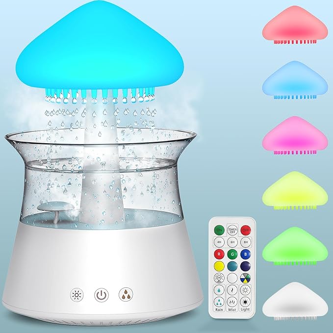 Diffuserlove Cloud Humidifier Rain Water Drip Diffuser Humidifier with Remote Waterfall Lamp Mushroom Humidifier Rain Sounds White Noise Humidifier Air Humidifiers for Bedroom Desk - Image 8
