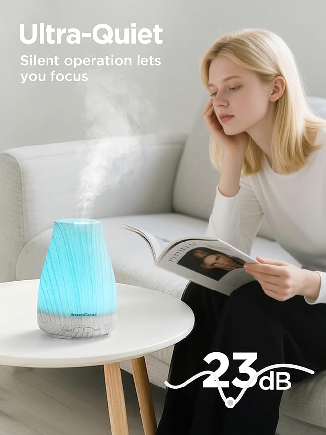 InnoGear Essential Oil Diffuser, Ultrasonic Diffusers for Home Aromatherapy Humidifier for Bedroom Room 7 Colors LED 2 Mist Mode Auto Off, White Grey - Image 4