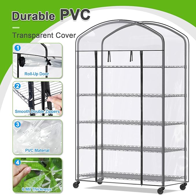 Abimars 5-Tier Greenhouse with Caster Wheel, Each Shelf Height Adjustable Metal Plant Shelf with PVC Cover for Seed Starting Trays, Seedling Pots, Plant Pots, 21x49x80inch - Image 5