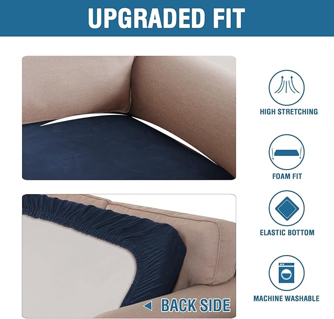 H.VERSAILTEX Velvet Stretch Individual Couch Cushion Cover Plush Slipcover for Loveseat Sofa Furniture Protector Seat Cover (1 Piece Loveseat Cushion Cover, Navy) - Image 6