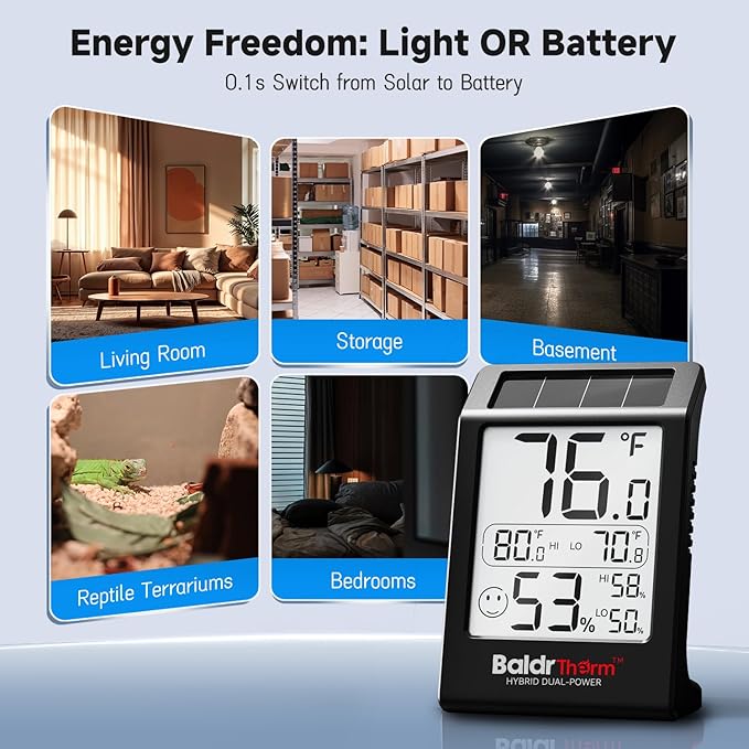 BaldrTherm Room Thermometer Indoor Humidity Meter, Solar-Powered 3.2'' Large Digital Temperature Sensor Monitor with Max/Min Reading for Baby Room, Home, Office, Black&White - Image 4