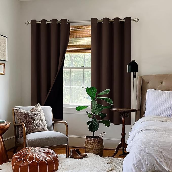 BGment Thermal Insulated 100% Blackout Curtains for Bedroom with Black Liner, Double Layer Full Room Darkening Noise Reducing Grommet Curtain (52 x 63 Inch, Brown, 2 Panels) - Image 2