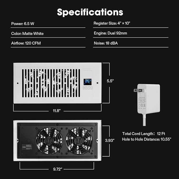 VIVOSUN Quiet Register Booster Fan for " " Holes, Cooling Heating Vent with Intelligent Thermostat Control, 10-Speeds Increase Airflow Booster Fan for Bedroom & Attic, Matte White - Image 8