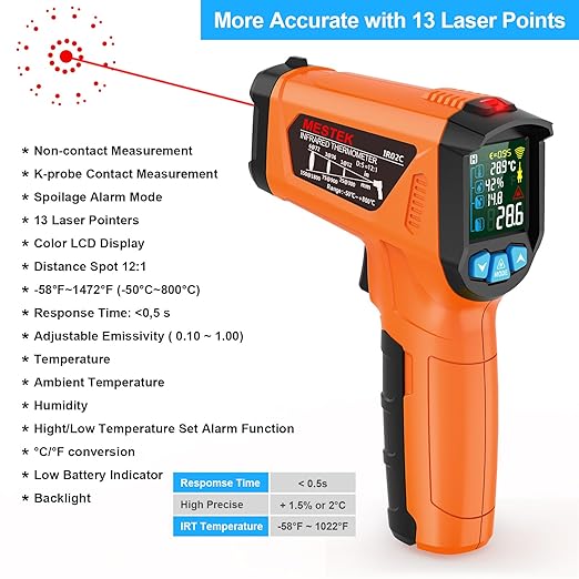 MESTEK Infrared Thermometer Gun, Non Contact Digital Laser Thermometer Temperature Gun with Color LCD for Cooking, Home Repairs, Humidity Measurement, Adjustable Emissivity -58°F to 1472°F(-50~800°C) - Image 3