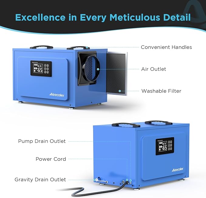 125 Pints Commercial Dehumidifier with Pump for Crawl Spaces & Basements with Drain Hose, Industrial Grade Water Damage Restoration for up to 6,000 sq ft, Auto Defrost, Memory Starting - Image 8