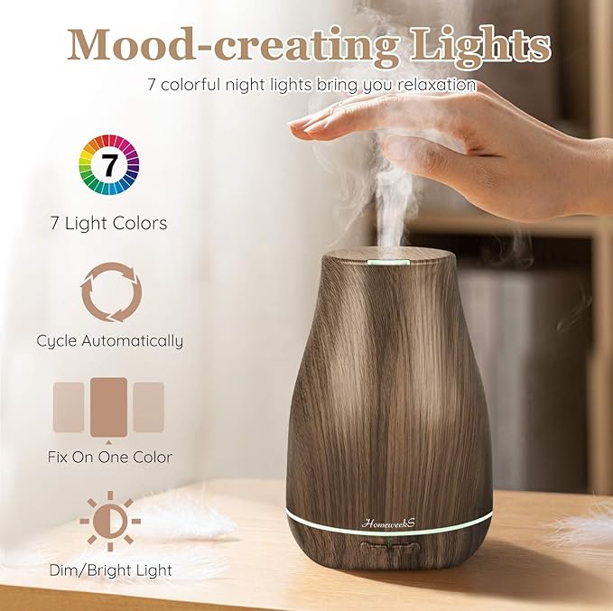 Aromatherapy Essential Oil Diffuser for Room: Air Humidifier Aroma Scent Cool Mist Diffusers Colorful Light Cute Mini Small Waterless Auto Off Ultrasonic for Home Bedroom (Brown Wood Grain) - Image 4