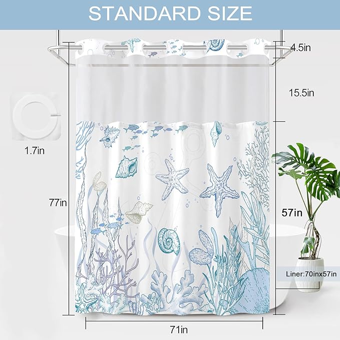 Long No Hook Shower Curtain with Snap in Liner, Beach Ocean Nautical Coastal Shower Curtains and Liner Set for Bathroom, Seashell Fabric Bath Curtain, Waterproof Washable, Blue 71" x 77" - Image 7