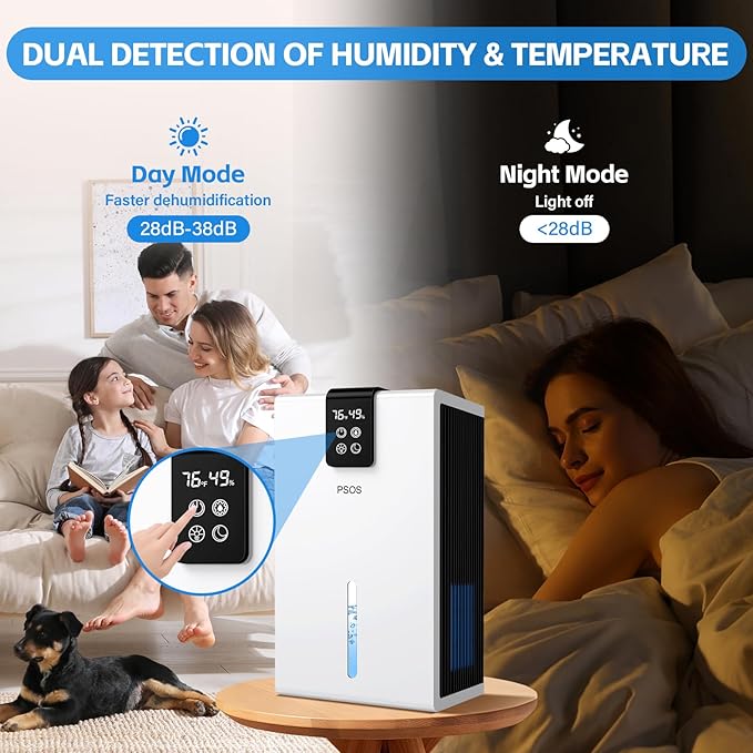 Dehumidifier, Dehumidifiers for Home, 98 OZ Water Tank, (1000 sq.ft) Quiet Dehumidifier for Basement Bathroom Bedroom with Humidity Display, Auto Shut Off, Relaxing 7 Color Ambient Light(White) - Image 4