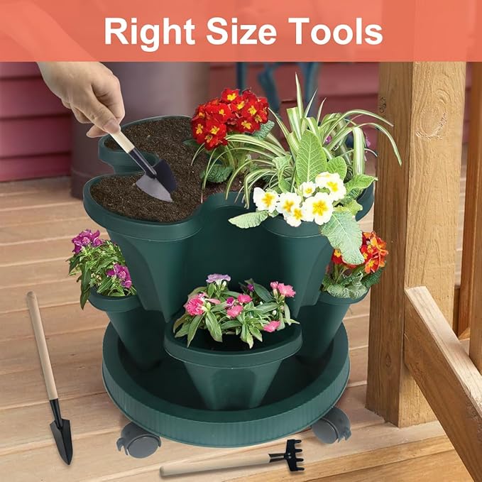 DUNCHATY Stackable Planter, Vertical Garden Planter with Wheels and Tools, Self Watering Strawberry Planter Indoor/Outdoor 7 Tier Herb Planter Pots for Growing Vegetables and Succulents,Pine Green - Image 7