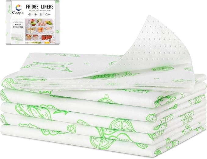 Cooyes Refrigerator Liners, Premium Absorbent Fridge Mats Non-Slip Washable, 12" x 24" Refrigerator Shelf Liners and Mats for Glass Shelves & Kitchen Cabinets, Non-Adhesive(6 PCS Green Veggie) by Cooyes