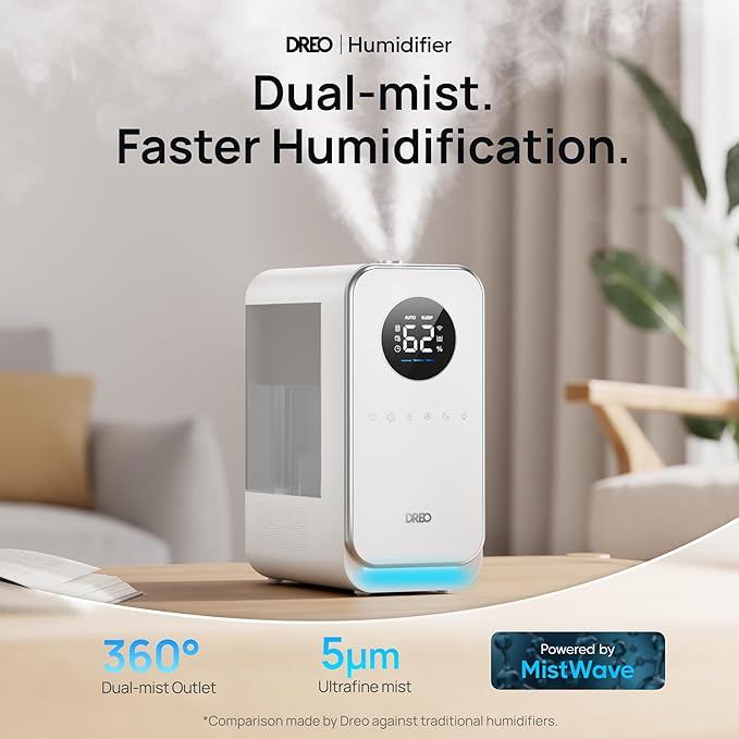 DREO Humidifiers for Bedroom, Top-filled Smart Quiet Cool Mist Humidifiers for Large Room Home, Oil Diffuser & Nightlight, 50Hours Runtime for Indoor Plants, with Alexa/Google, Grey - Image 2