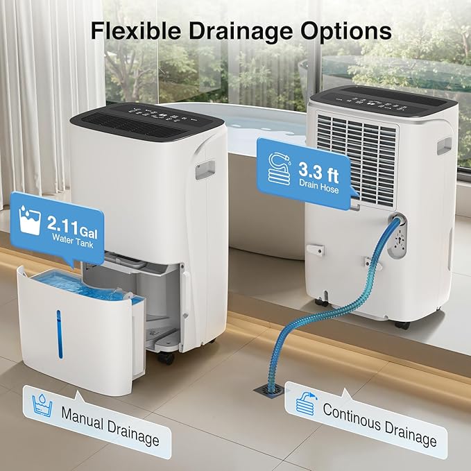 ZAFRO Dehumidifiers for Home and Basement with Drain Hose, Energy Saving Max 150 Pints Dehumidifier with Auto or Manual Drainage, Auto Defrost, Three Modes, 24Hrs Timer - Image 6