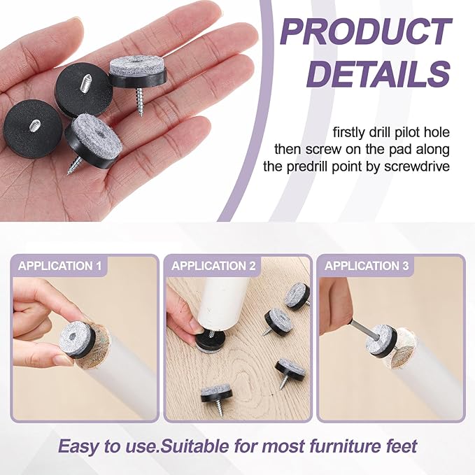 60 Pcs Black Screw on Furniture Felt Pads Kit, 0.94 Inch Non Slip Furniture Pads, Nail in Hardwood Floor Protector for Wooden Leg Feet of Chair Table Sofa, Cutting Boards - Image 4