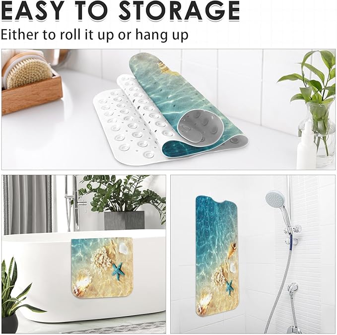 Seashell Summer Beach Bath Mat Non Slip, Starfish Blue 40 X 16 Inch Extra Long Bathtub Shower Mat for Tub Anti Slip with Suction Cups and Drain Holes for Kids Adults Elderly - Image 5