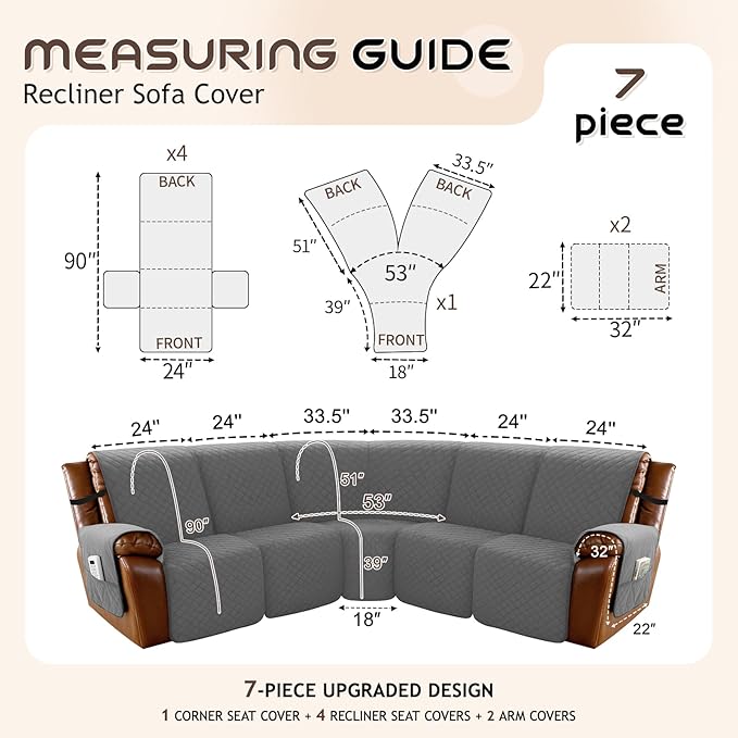 Arfntevss Waterproof Recliner Sectional Couch Covers for Reclining Sectional L Shape Sofa Cover Non Slip Washable Recliner L Shaped Slipcover Sets for Dog Furniture Protector (5 Seater, Dark Gray) - Image 5