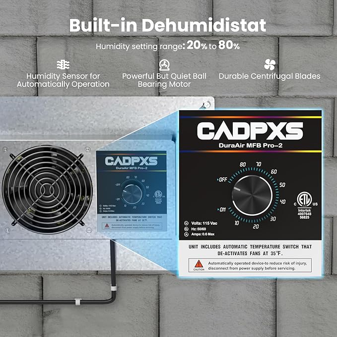 CADPXS Crawlspace Ventilation Fan, Crawlspace Fan Vent with Humidistat, Dehumidistat & Freeze Protection Thermostat, for Crawl Spaces/Basement/Garage/Attic/Hydroponics Grow Tents (220 CFM Air Out) - Image 3