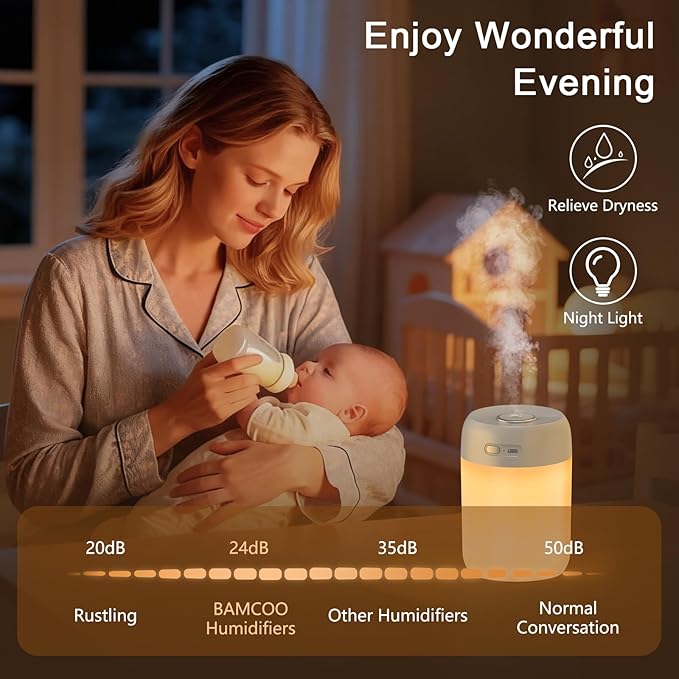 Portable Small Humidifier, 650ml Colorful Mini Humidifier for Bedroom, Office Desktop, Baby Room, Plants, Cool Mist Humidifiers(Light Gray) - Image 4