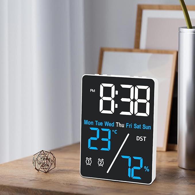 Digital Room Thermometer Hygrometer Alarm Clock, 5.9 inch Desktop Accurate Humidity Temperature Monitor Meter for Indoor Outdoor Kitchen Office Bedroom Livingroom (Battery Not Included) - Image 7