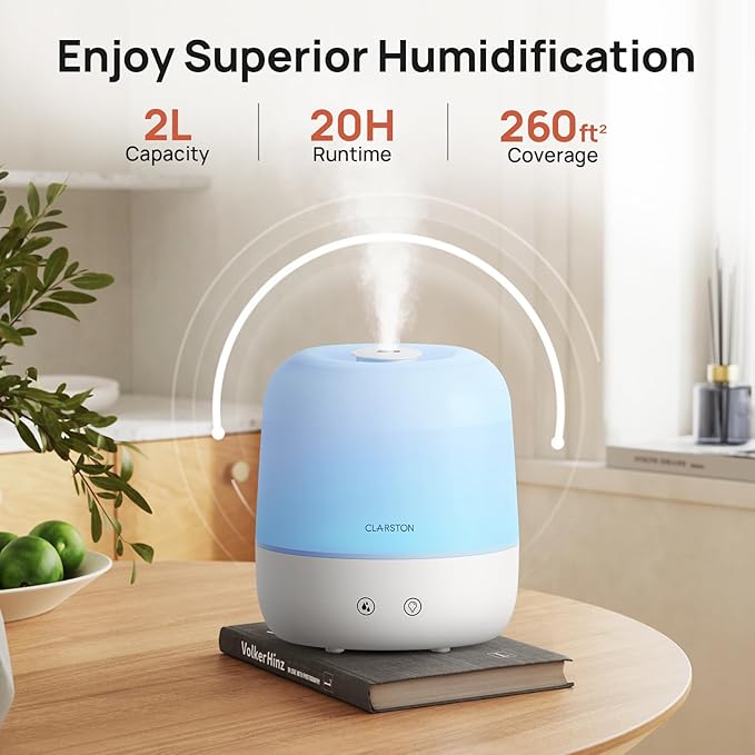Clarston Humidifiers for Bedroom, 2L Top Fill with 360° Nozzle for Large Room, 7-Color Night Light, 24dB Quiet Cool Mist Air Humidifier for Baby Nursery & Plants, No BPA, Auto Shut Off, Easy to Clean - Image 2