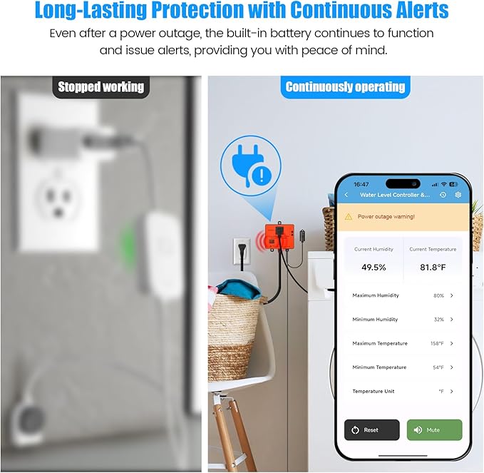 Ortis WiFi Power Failure & Water Leak Alarm, Real-Time Monitoring of Water Level, Temperature & Humidity, 110dB Siren with Flashing Light, APP Alerts, Ideal for Laundry Rooms & Basements - Image 5
