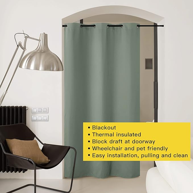 NICETOWN Closet Curtain for Bedroom Door, Faux Folding Accordion Doors, Blackout Noise Reducing Room Divider for Doorway Laundry Room Bifold Door (1 Panel, 5ft Wide x 9ft Long, Greyish Green) - Image 8