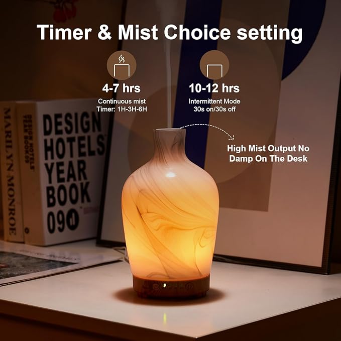 Classical Vase Art Glass Aromatherapy Diffuser 160ml ultrasonic Cool Mist Scent Aroma Essential Oil Diffu er Humidifier with Intermittent Mist & LED 7 Colorful Changing Night Light for Bedroom - Image 3