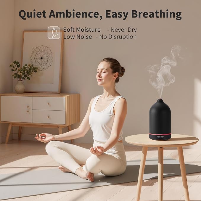 URPOWER 120ML Essential Oil Diffuser, Ultrasonic Aromatherapy Diffuser with Sleek Black Ceramic Design, 7-Color LED Lights, Auto Shut-Off, Humidifier for Home & Office, Scent Diffuser for Relaxation - Image 5