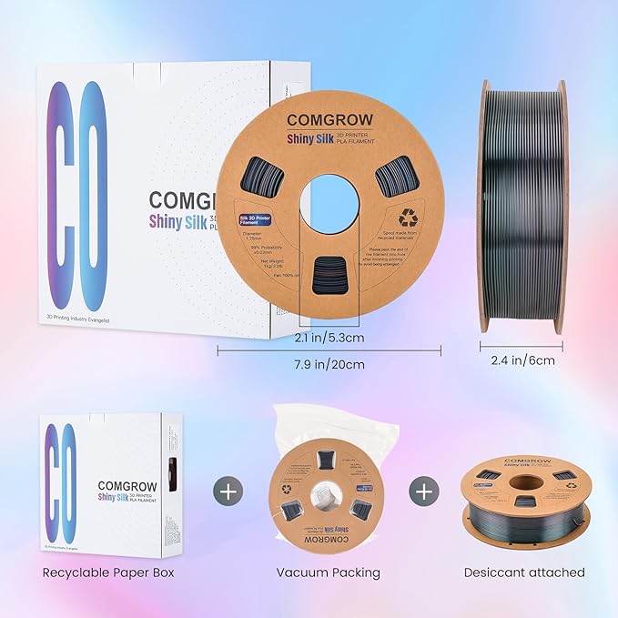 Comgrow Rainbow Colors Silk PLA 3D Printer Filament, PLA Filament 1.75mm, Dimensional Accuracy +/- 0.02 mm, 1KG Spool, Coextrusion 3D Filament with Shiny Silk Rainbow Universe - Image 4