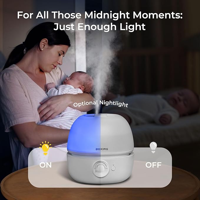 BOXING 3L Cool Mist Humidifier, Ultra Quiet 20dB for Bedroom, Baby & Office, Top Fill Air Humidifier for Home Office & Indoor Plants, 30H Runtime, Essential Oil Tray, Night Light, BPA-Free, White - Image 5
