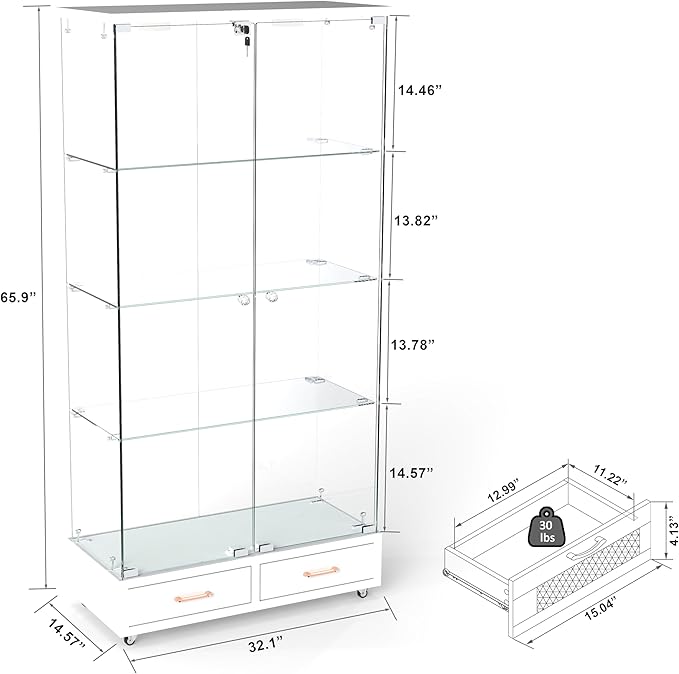 Yoluckea 4-Tier Glass Display Cabinet with LED Lighting and 2 Drawers, 2-Door Floor Standing Curio Cabinet with Wheel for Home, Office, Corner Display, White Glass Bookshelf for Collections and Decor - Image 2