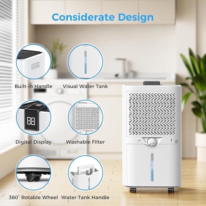 4000 sq.ft Dehumidifier for Basement, Trazico 45 Pint Dehumidifiers for Home with Drain Hose, Smart Humidity Control, 24H Timer, Auto Defrost, Ideal for Large Room, Bathroom, Bedroom, Garage, Black - Image 7