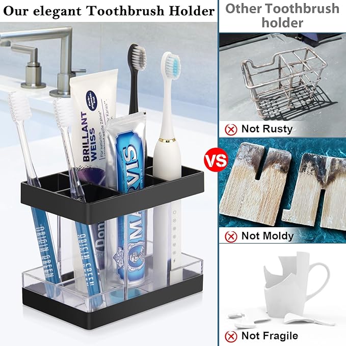 Toothbrush Holders for Bathrooms Countertop Organizer - Electric Toothbrush Holder Set, 5 Slots Toothbrush and Toothpaste Holder, Makeup Brush Storage Caddy for Family Kids (Black) - Image 3