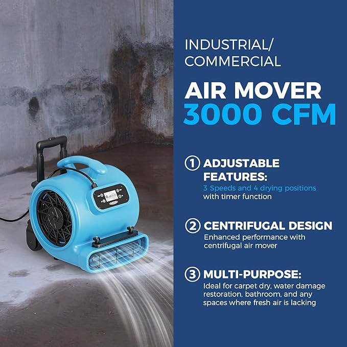 ALORAIR 3000 CFM Air Mover Blower Fan, 3-Speed Floor Drying Fan with 4 Blowing Angles，18 Timer，Display Screen，Handle Wheelkit，Carpet Buckles，Ideal for Water Damage Restoration and Plumbing - GE3000HCW - Image 2